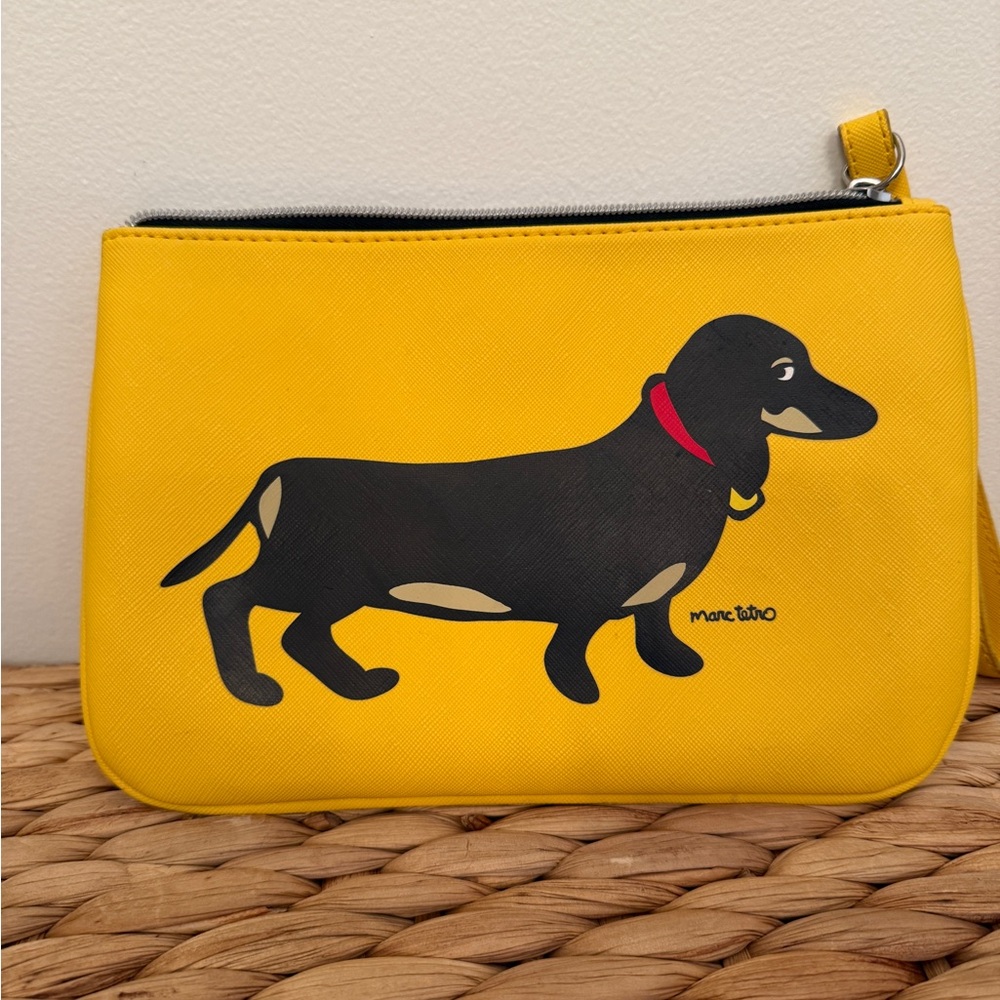 Marc Tetro Dachshund Yellow Saffiano Zip Pouch Wristlet Clutch - Doxie mom